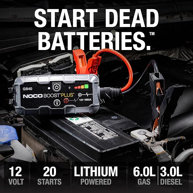 NOCO Boost GB40: 1000A UltraSafe Jump Starter – 12V Lithium Battery Booster Pack, Portable Jump Box, Power Bank & Jumper Cables - for 6.0L Gas and 3.0L Diesel Engines