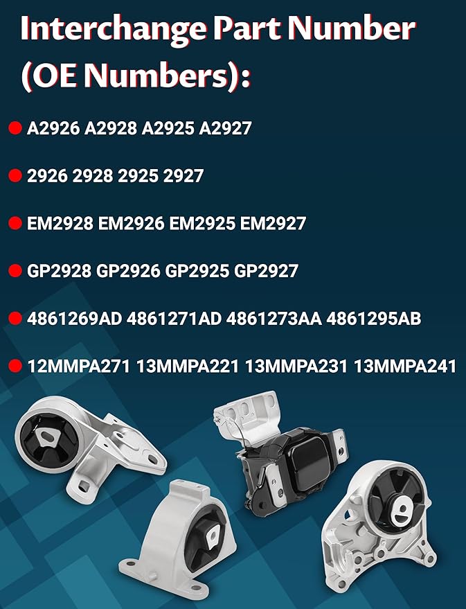 Example productAutomotive Engine Mounts Kit OE Replacement for Town & Country/Voyager/Caravan 2001-2007 3.3L/3.8L, FWD Automatic Transmission (OE# A2925, A2926, A2927, A2928)