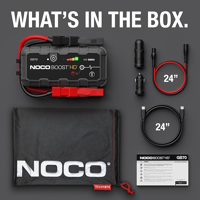 NOCO Boost GB70: 2000A UltraSafe Jump Starter – 12V Lithium Battery Booster Pack, Portable Jump Box, Power Bank &amp; Jumper Cables - for 8.0L Gas and 6.0L Diesel Engines