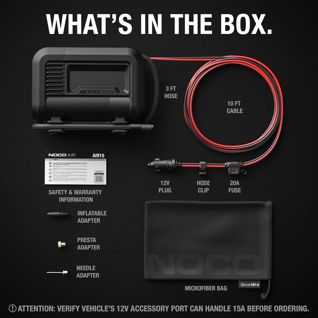 NOCO AIR15: UltraFast 15A Tire Inflator - 12V Portable Air Compressor Pump – 44 SLPM Airflow Inflates 0–40 PSI in 2.9 Minutes – Digital Gauge + Auto-Shutoff